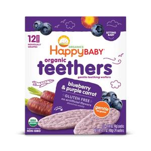 Pack Of 3 Happy Baby Gentle Teethers Organic Teething Wafers Blueberry Purple Carrot, 0.14 Ounce Packets (Box of 12) Soothing Rice Cookies for Teething Babies Dissolves Easily, Gluten Free No Artificial Flavor