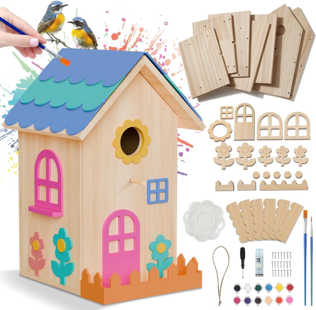 Birdhouse Kit, DIY Wooden Bird House Kits for Outside Adults Kids Woodcraft Bird House with Paint Hanging Twine Building Projectsand Wood Craft Woodworking Gift for Beginners for Kids Ages 8+