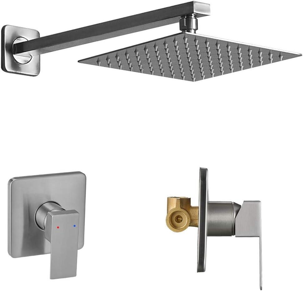 Shower Faucet Set Brushed Nickel, Single Function Shower Trim Kit with Rough-in Valve, Square Rain Shower Head System Included Extra Long Shower Arm for Bathroom