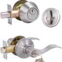 Keyed Alike Front Door Lever Lockset with Single Cylinder Deadbolt Combination Set, Exterior Door Knob with Lock and Deadbolt, Satin Nickel Finished Door Lock