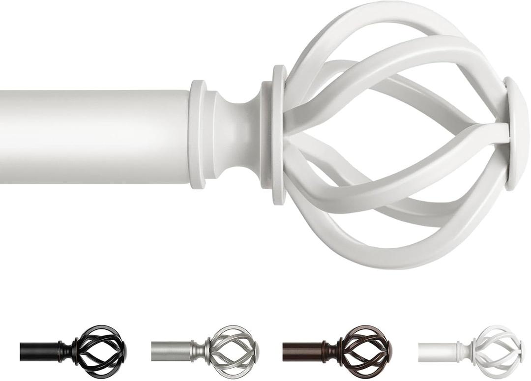 White Curtain Rod 32 to 58 Inches (2.6 to 4.8 ft), USFOOK 7/8 Curtain Rods for Windows, Telescoping Splicing Drapery Rods with Twisted Cage Finials