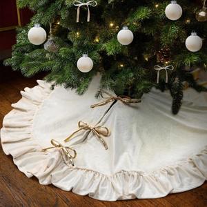 48 Inches Velvet Christmas Tree Skirt Ivory White with Gold Bow Fur Plush Tree Skirt Luxury Xmas Skirts for Merry Christmas Party Vintage Holiday Decorations