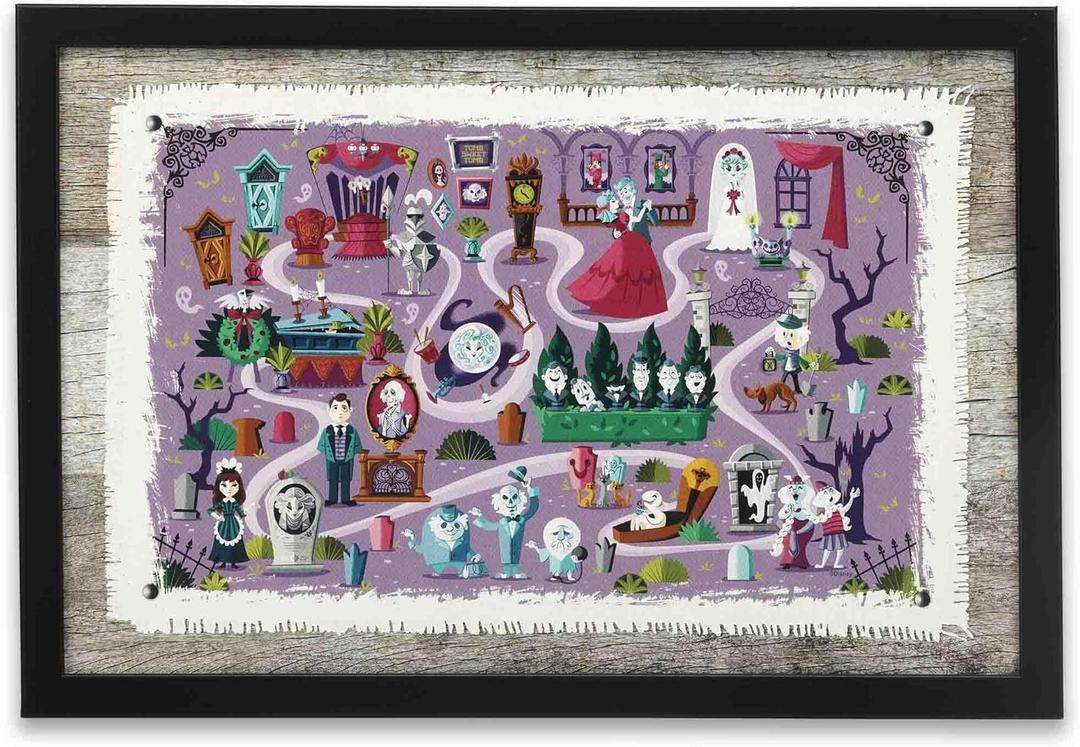 Disney Haunted Mansion Map Framed Wood Wall Decor - Fun Haunted Mansion Picture for Kids' Room or Halloween Decor (Purple/Gray)