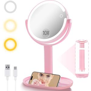 Vanity Makeup Mirror with Lights, 10X/1X Double Sided Magnifying Light up Desk Mirror with Stand Cosmetic Organizer, 3 Color Brightness Adjustable 360 Rotation Detachable for Travel