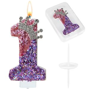 Crown Birthday Number Candle, 1st Birthday Candle for Cake Decoration, Purple Pink Glitter Number 1 Candles Cake Topper for Baby Girls Anniversary Celebration Party Supplies