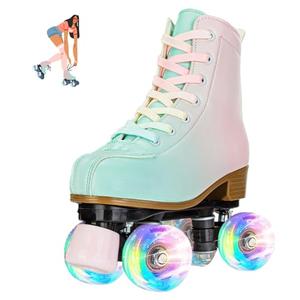 jessie Roller Skates for Girl and Women, PU Leather Fantastic Flash Wheel Kid Roller Skates Girls Ages 6-12 Beginner for Indoor Outdoor (Green Pink 32)