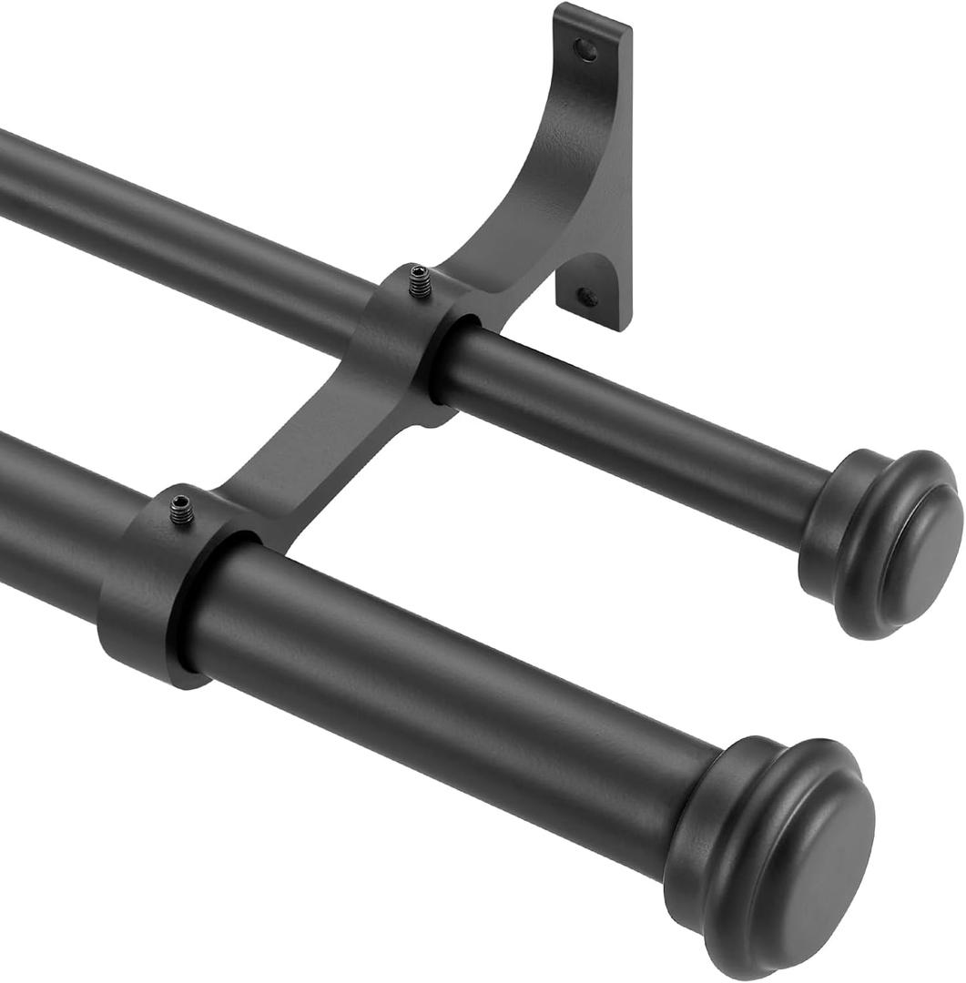 Double Curtain Rods for Windows 36 to 72 Inch, Matte Black Double Curtain Rods with End Cap Finials, 1-Inch Front and 5/8 Inch Back Double Drapery Rod, Adjustable Double Rod Curtain Rod
