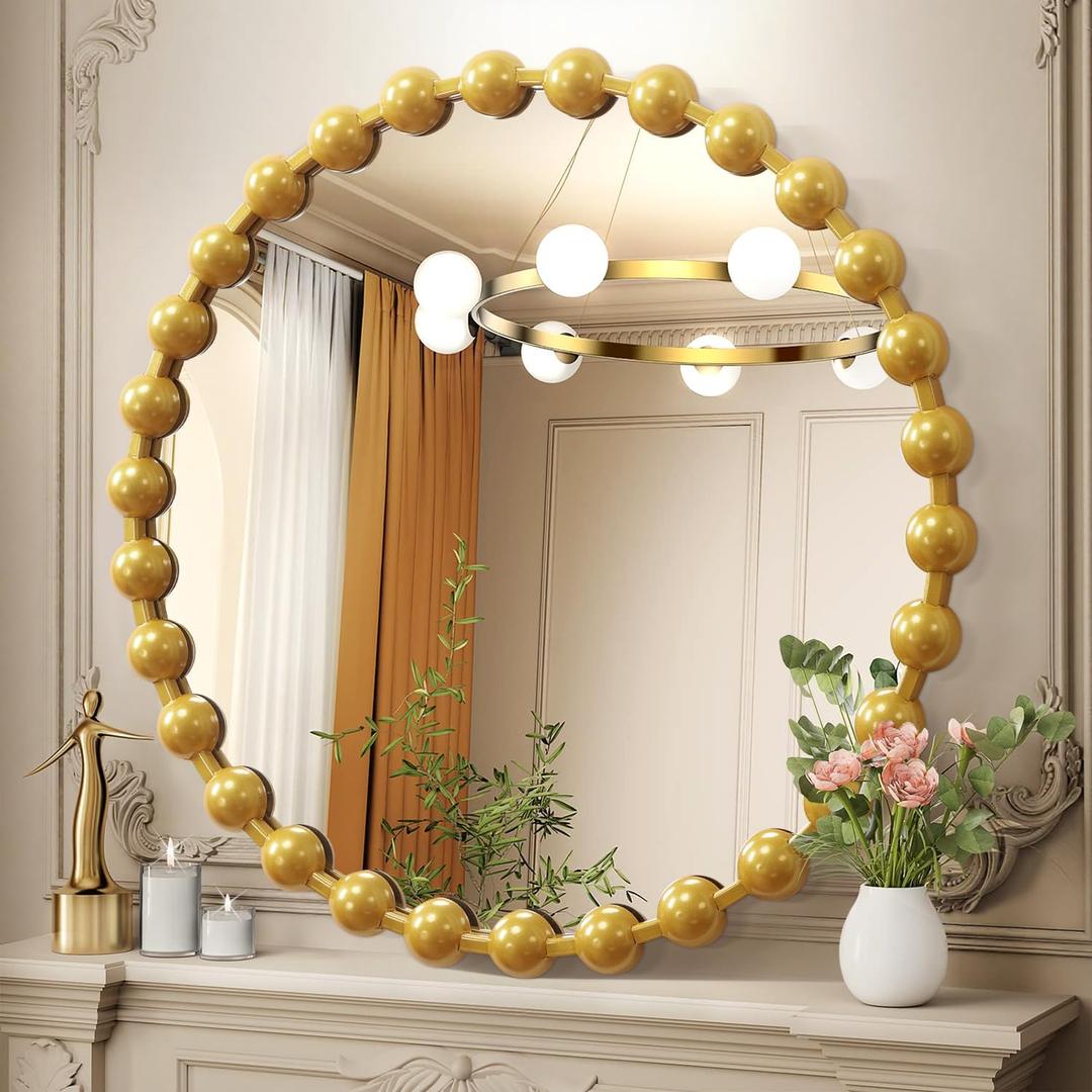 AAZZKANG Round Mirror with Metal Beaded Frame Black Circle Wall Mirrors Large 20" Decorative Modern for Bedroom Living Room Bathroom Entryway Hanging