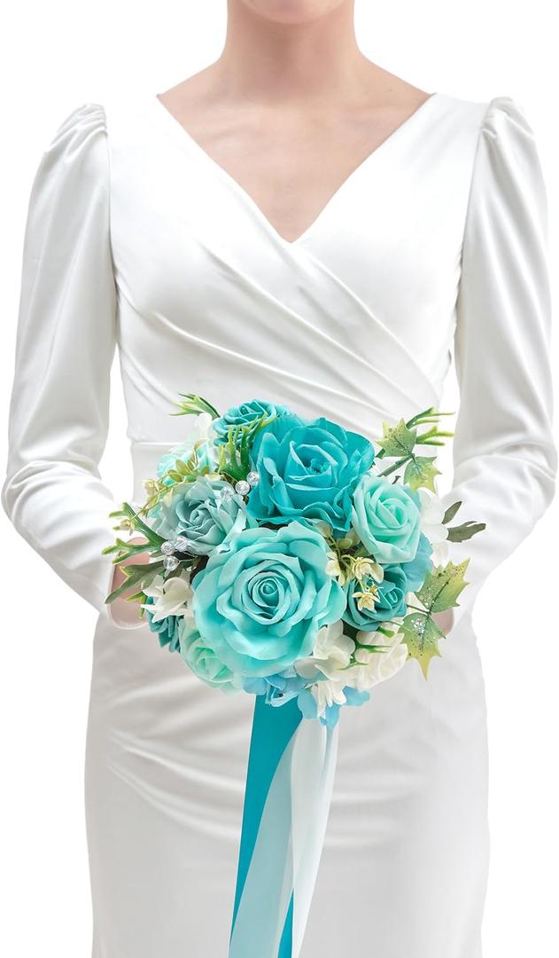 TINGE TIME 9 inch Bridal Bouquets for Bride, Artificial Silk Flowers Tossing Bouquet, Bride Bouquets for Wedding,Ceremony, Anniversary (TealBlue)