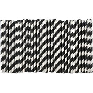 Cocktail Paper Straws - Black Silver Striped Biodegradable Disposable Drinking Straws for Brithday, Wedding, Holiday, Cake Pop Sticks - 5.75 inch