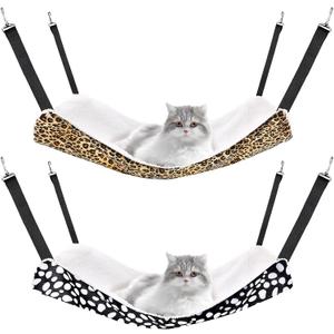 Jetec 2 Pieces Reversible Cat Hanging Hammock Soft Breathable Pet Cage Hammock with Adjustable Straps and Metal Hooks Double Sided Hanging Bed for Small Dogs Rabbits(Leopard and Dot,M)