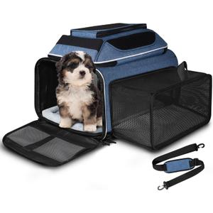 Petskd Top and Side Expandable Pet Carrier 18x11x11 Inches Delta United Airline Approved, Soft-Sided Carrier for Small Cats and Dogs with Locking Safety Zippers and Anti-Scratch Mesh(Blue)