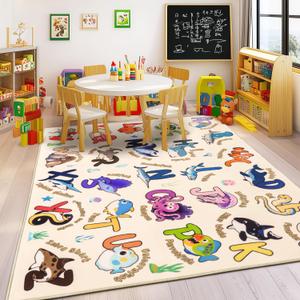 Kids Rugs for Playroom Educational Rug for Learn The ABC Alphabet, Soft Machine Washable Non-Slip Cute Carpet for Classroom Toddler Nursery Kids Room Decor Mat (5x7, Ocean Beige)