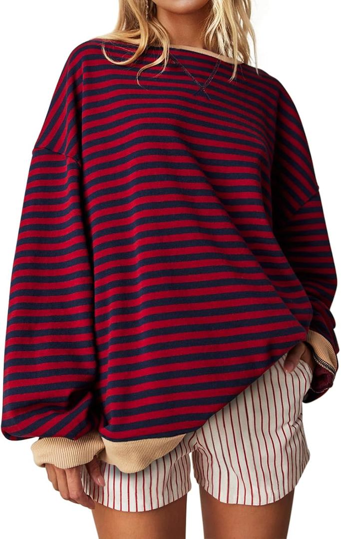 UEU Women Oversized Striped Crewneck Sweatshirt Long Sleeve Color Block Pullover Tops Casual Loose Workout Shirt, X-Large