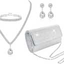 Subiceto 4Pcs Silver Clutch Purse Jewelry Set for Women Evening Rhinestone Purse Crystal Necklace Earrings Bracelets Set Silver Accessories for Women Bride Wedding Jewelry