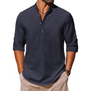 COOFANDY Men's Casual Henley Shirts Long Sleeve Band Collar Lightweight Beach Shirts Summer T-Shirts (M)