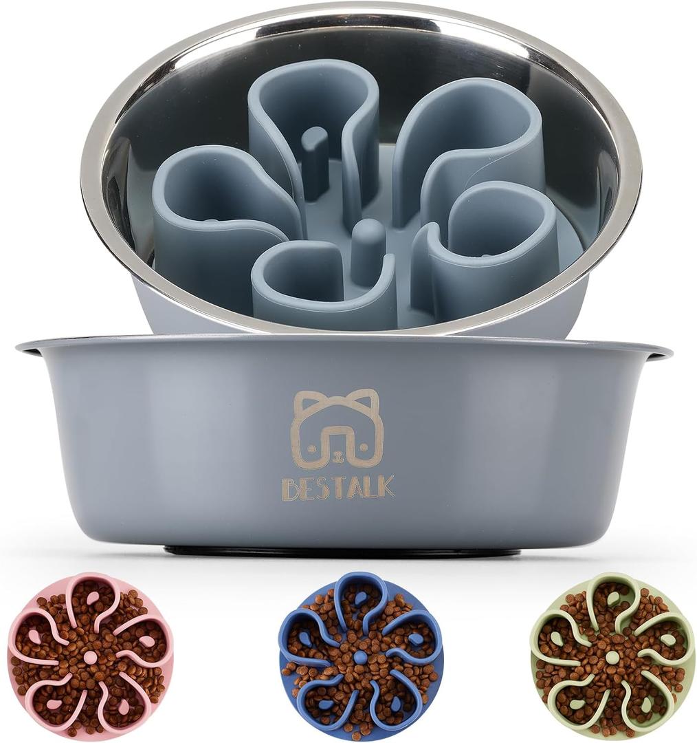 Stainless Steel Slow Feeder Dog Bowl, Bestalk 2-in-1 Metal Dog Bowls with Silicone Slow Feeder Insert for Small, Medium, Large Dogs(Grey,2 Cups)