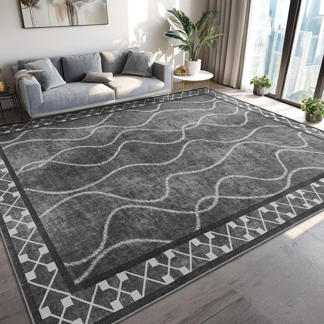 Area Rugs 6x9 Washable Rug, Non-Slip Rugs for Living Room, Low Pile Bordered Rugs Alfombras, Large Print Rubber Backing Indoor Carpet for Home Decor Bedroom Nursery Dining Room, Dark Grey