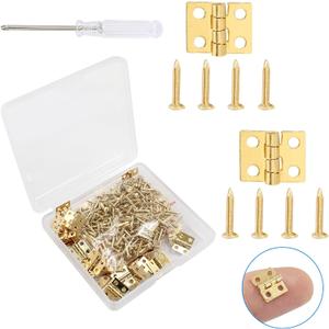 Biaungdo 60 Pcs Mini Brass Hinges, 180 Degree Rotation Miniature Furniture Hardware Cabinet Mini Hinges for Jewelry Box Closet DIY Accessories with Mounting Nails(10x8mm, Golden) (Yellow)