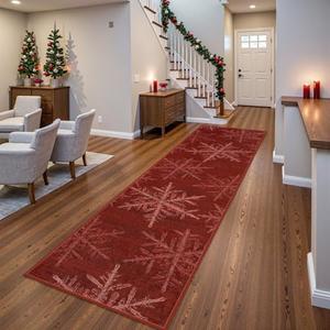 Lahome Snowflake Christmas Runner Rug, 2x8 Red Christmas Rug Runner Soft Non Slip Kitchen Runner Rugs with Rubber Backing Holiday Decor Carpet Runners for Hallways Bedroom Laundry(2x8ft,Red)