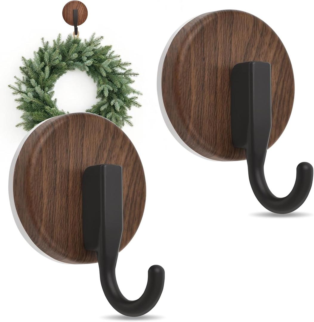 Wreath Hanger for Front Door, Upgraded Suction Cup Hook for Window Glass/Shower Mirror/Over Door, Christmas/Thanksgiving/Halloween/July 4th/Easter/Valentine/Fall/Summer/Spring(Walnut, J, 2 Pack)