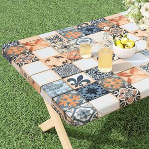 misaya Rectangle Vinyl Tablecloth, Fitted Table Cover, Waterproof, Elastic Edge, Flannel Backing, Plastic Tablecloth Fit 6 Foot Folding Tables for Camping, Picnic, Outdoor (Floor Tiles, 30x72 inch)