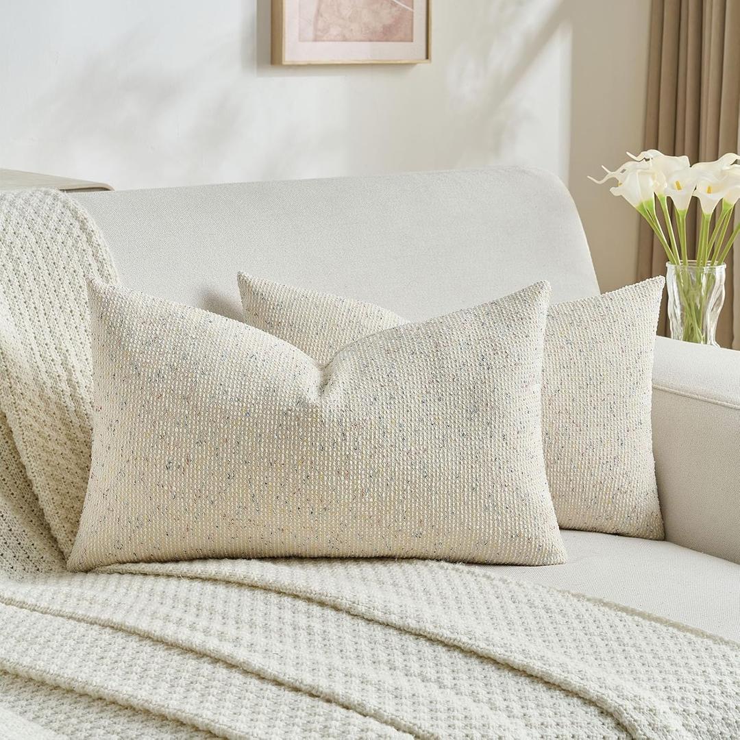 FUTEI Cream Decorative Throw Pillow Covers 12x20 Inch Set of 2,Soft Cozy Chenille Colorful Granular Textured Pillow Case,Modern Home Decor for Couch Bed Living Room