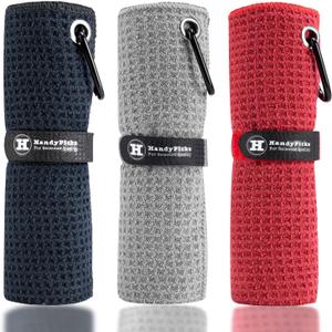 Handy Picks Microfiber Golf Towel (16" X 16") with Carabiner Clip, Waffle Pattern Golf Towel Hook and Loop Fastener - The Convenient Golf Cleaning Towel (Black/Grey/Red)