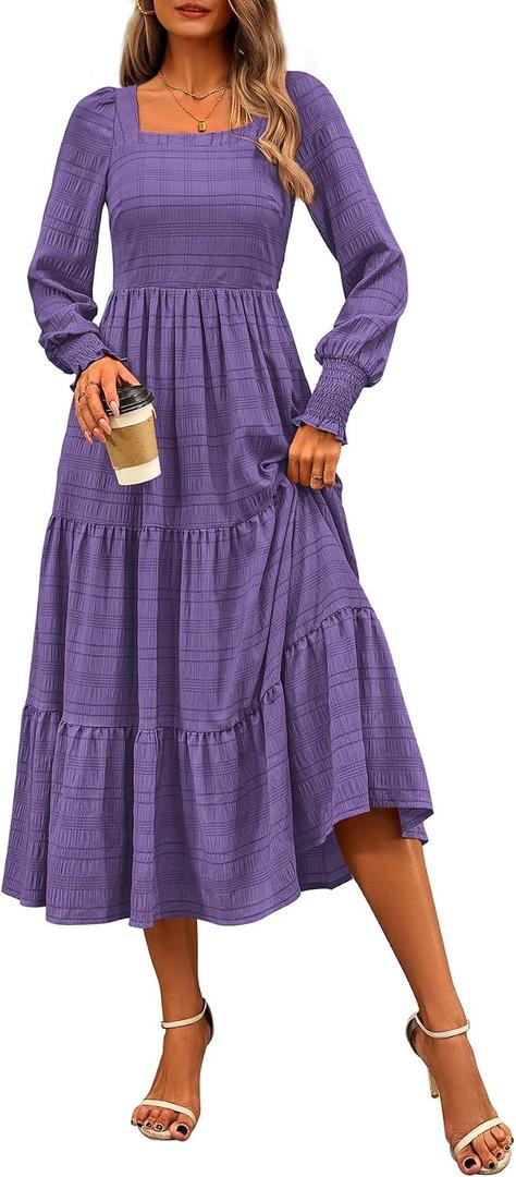 CFLONGE Women's Fall Dresses 2025 Puff Long Sleeve Square Neck Dress High Waist Smocked A-Line Flowy Wedding Party Maxi Dress (Purple, XL)