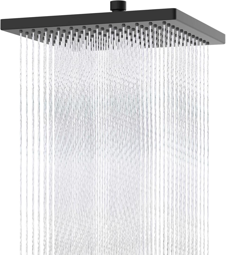 Hibbent Thickness Metal Rain Shower Head, 12 Inch High Pressure Shower Heads, Square Large Bathroom Rainfall Shower Head with Adjustable Brass Ball Joint, Waterfall Full Body Coverage, Matte Black