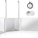 HIEEY 3 Way 360 Trifold Mirror with LED, Height Adjustable Telescoping Hooks,and 5X Magnification for Makeup,Hair Cutting/Styling (White)
