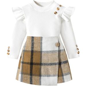 Toddler Girl Clothes,Girls Outfits Long Sleeve Ruffle Button Tops + Plaid Skirt Shorts + Hat 3Pc Little Girls Clothes (6-7T, White+brown Plaid)
