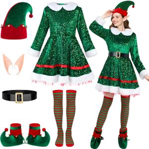 SOMSOC 6 Pieces Women Elf Sequin Costume Set Adult Christmas Sexy Elf Dress Outfit with Hat Shoes Socks Belf Ears for Cosplay (Large)