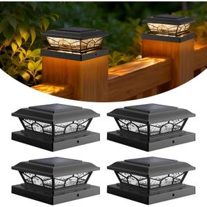 Brightever 4x4 3.5x3.5 Solar Post Cap Lights, 4-Pack Solar Powered Fence Post Light Outdoor Waterproof for Vinyl/Wooden Post, 2 Modes(Warm/Cool Light), Black Solar Deck Post Lights for Patio, Porch