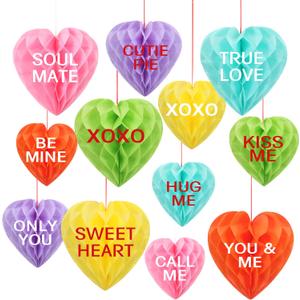 12 Pcs Valentines Conversation Heart Honeycomb Ball Decoration 3D Heart Tissue Paper Pom Pom Hanging Ornament for Galentines Day Tree Wall Indoor Decoration (Vintage Color)