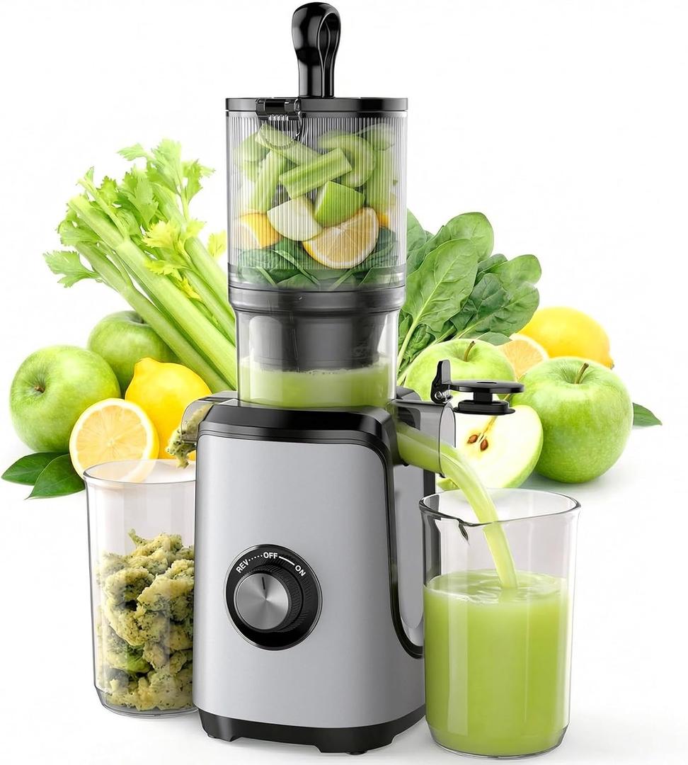 NEWBULIG Cold Press Juicer Machines, Masticating Juicer with High Juice Yield, Reverse Function, Stops Oxidation and Easy to Clean for Vegetables & Fruits, Silver