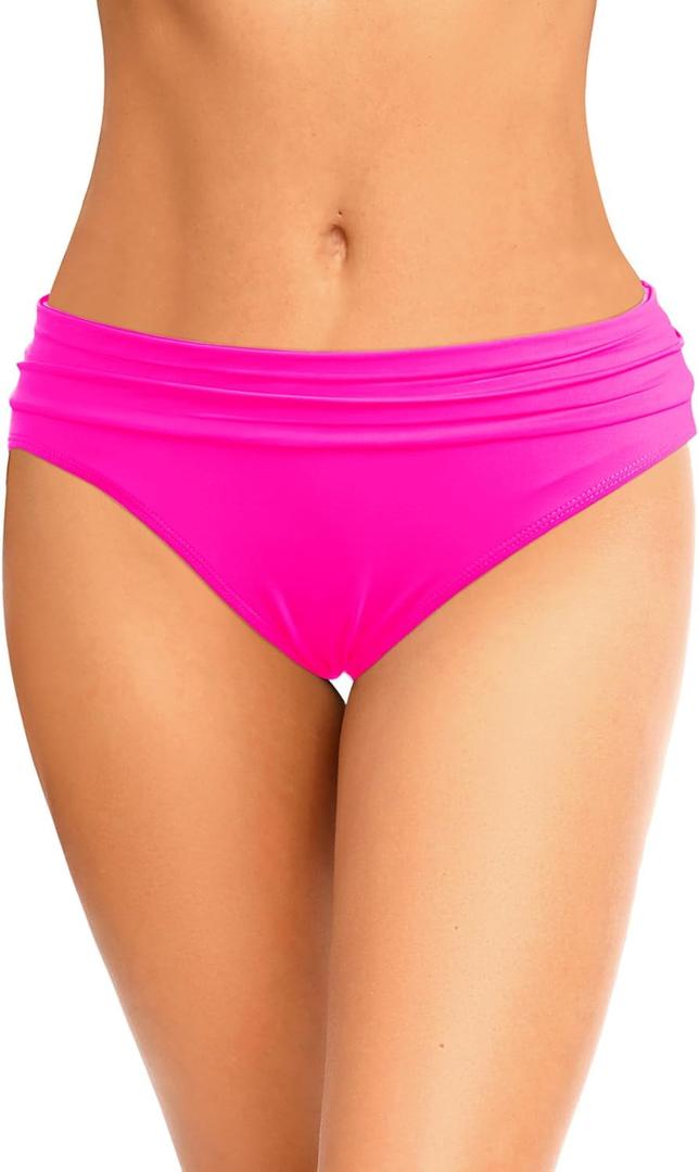 Zmart Women Full Coverage Ruched Bikini Bottoms Tummy Control Swim Bottoms Scrunch Ruffle Bathing Suit Bottom (Medium, Pink)