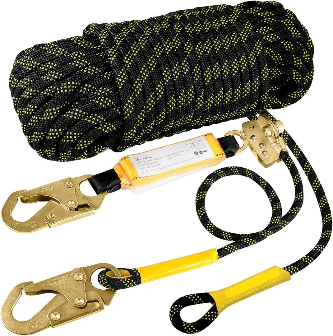 TRSMIMA Rope Harness Safety Lanyard25ft Vertical Roofing Rope with Grab Snap Hooks Shock Absorber - Fall Protection Tree Climbing Line Kit Heavy Duty Roof Safety Equipment ANSI CE