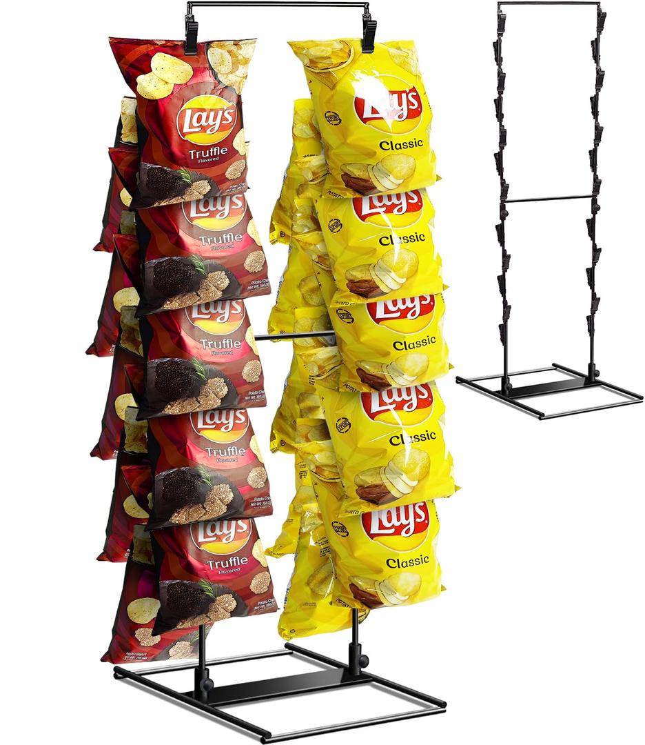 Chip Rack Display Stand, Potato Chip Display Rack with 24 Clips, 2 Row Chip Bag Holder for for Party Display, Snack Retail Display Rack Chip Stand Display for Countertop Store, Black