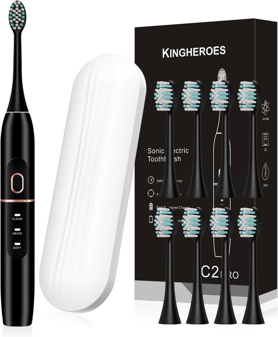 kingheroes Electric Toothbrush Set, Comes with 8 Brush Heads & Travel Case,4 Modes with 2 Minutes Built in Smart Timer, One Charge for 60 Days, 42000 VPM Motor (Black)