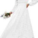 Women's Long Puff Sleeve Floral Maxi Dress V Neck Lace Eyelet Hollow Out A Line Flowy Boho Spring Wedding Guest Party Dresses (White,Large)