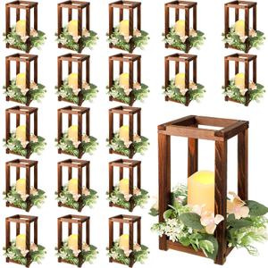 Hushee 60 Pcs Wooden Wedding Lantern Centerpiece Integrated Holders with Candles and Wreaths Rustic Wooden Candle Lantern Decor for Wedding Party Table Valentine Decor (Brown)