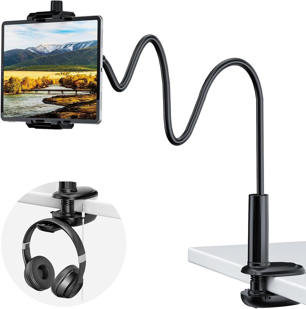 KDD Gooseneck Tablet Stand, 360 Adjustable Phone & iPad Holder for Bed and Desk, Flexible Arm Mount Clip for Video Recording, Bedside & Headboard Clamp for iPad Pro 12.9, Mini, Kindle