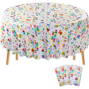 Oudain 3 Pcs Happy Birthday Tablecloth Decorations 84 Inch Plastic Disposable Round Table Covers Waterproof Colorful Balloons Confetti Tablecloth for Women Birthday Party Supplies Baby Shower (White)