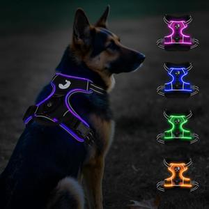Taglory Light Up Dog Harness, Rechargeable No Pull Dog Vest with 3 Lightning Modes, Reflective Dog Harness with 2 Leash Clips & 4 Adjustable Slide Strips for Large Dogs, Black-Purple, XL