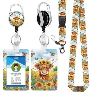 Highland Cows Lanyards with ID Holder Watercolor Butterfly Sunflower ID Badge Holder with Adjustable Breakaway Lanyard Cute Retractable Badge Reel for Teacher Student Kids Nurse Office