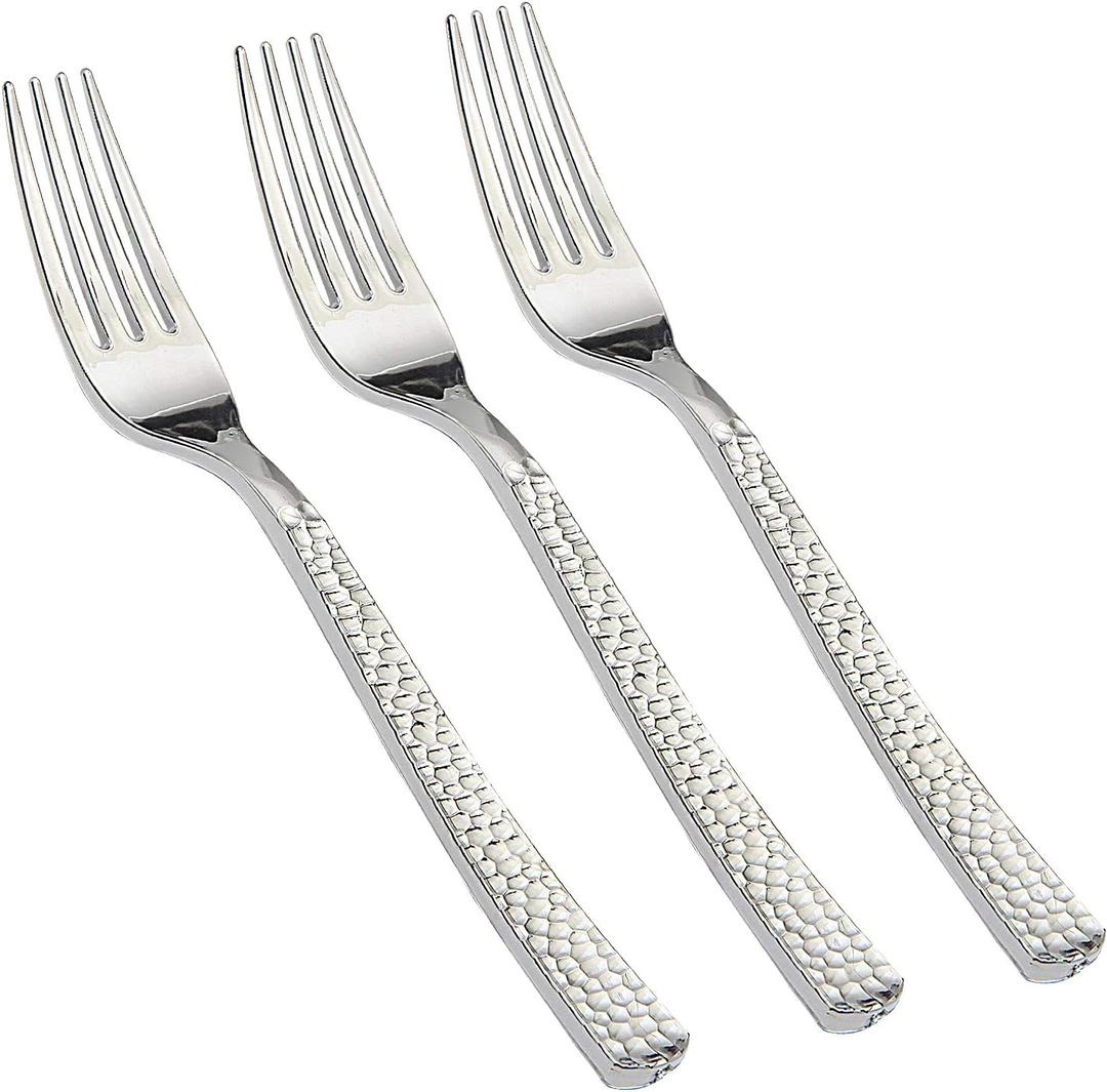 Supernal 300pcs Silver Plastic Forks,Premium Disposable Forks Polished,Special Hammered Design,Perfect for Big Party,Wedding and Any Catering Events,Perfect for Birthday,Party,Wedding
