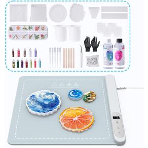 Epoxy Resin Kit with Heating Mat, 16OZ Resin Art Kit with Curing Machine, 6PCS Silicone Molds, Dried Flowers, Complete DIY Set for Making Coasters, Ornaments and Bookmarks, Ideal for Beginners (15.7  14.5 inch Resin Kit)
