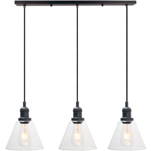 Phansthy Industrial 3-Light Pendant Light, Adjustable Hanging Light Fixture with Clear Glass Shade, 3-Lights Kitchen Island Chandelier E26 Base (Black)