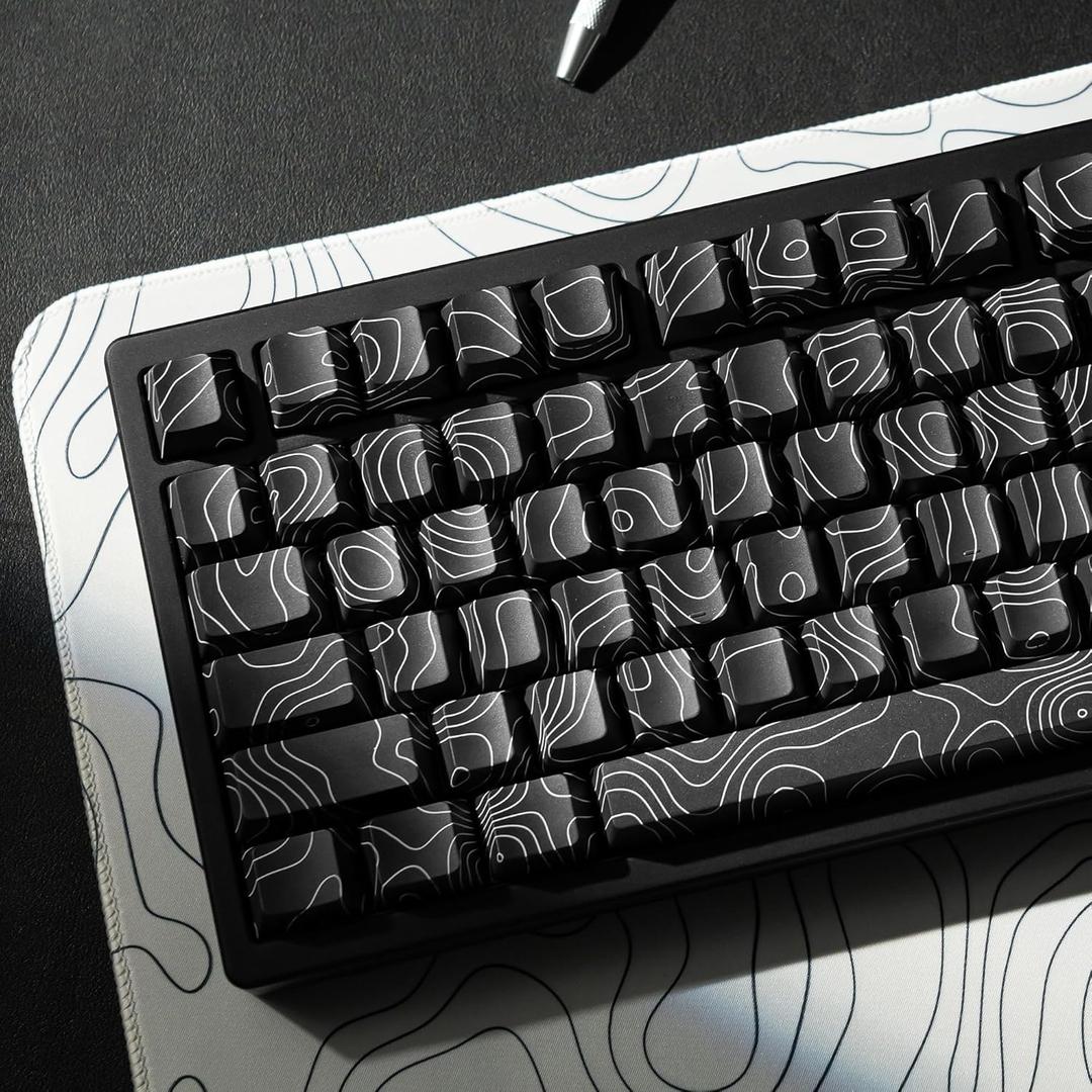 dagaladoo Black Topographic keycaps Double Shot PBT keycaps Shine Through Keyboard Keys Side Printed Key caps Cherry Profile Custom keycap Set for100%, 75%, 65%, 60% US Layout Mechanical Keyboard